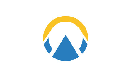 Minimalist logo design featuring a blue mountain and a yellow sun on a white background.