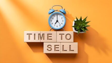 Wooden alphabet blocks clearly spell out the urgent message time to sell next to a vintage blue alarm clock and a small green potted succulent plant against a warm orange background