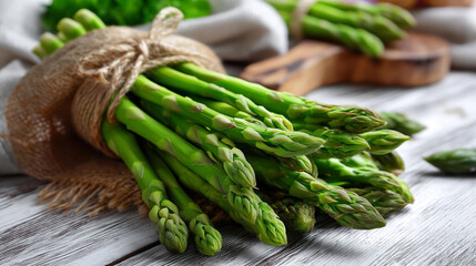Fresh asparagus spears on rustic wooden surface, white background display, healthy food vegetable concept, freshness nutrition visualization, clean eating representation, produce p