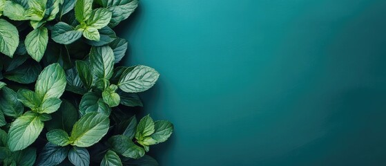 Green mint leaves arranged on a teal background. The leaves are fresh and vibrant, showcasing their natural texture and color.