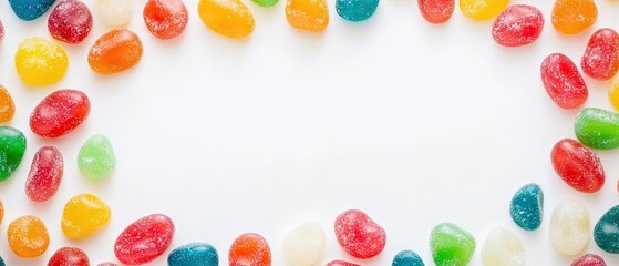 Colorful jelly beans arranged in a circular pattern on a white background. The candies are in various bright colors including red, green, yellow, and blue.