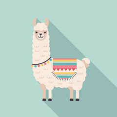 Cute cartoon llama illustration with colorful blanket on a light blue background.