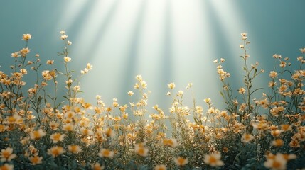 A field of yellow wildflowers under soft sunlight. The flowers are vibrant and scattered, creating a serene and peaceful atmosphere.