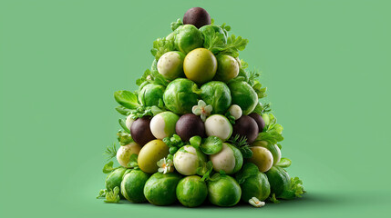 Veganuary winter challenge visualization, Christmas tree made from Brussels sprouts vegetables, seasonal renewal concept, plant-based healthy lifestyle, festive vegan arrangement, 
