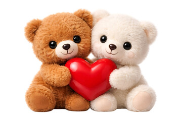 Two adorable plush teddy bears embracing a red heart shape isolated on transparent background