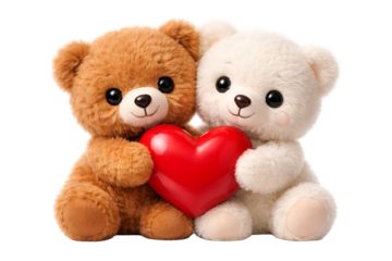 Two adorable plush teddy bears embracing a red heart shape isolated on transparent background