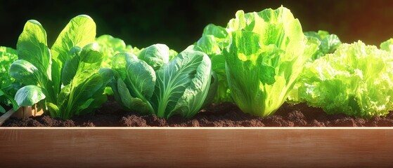 A variety of fresh green lettuce growing in a wooden planter box. The sunlight highlights the vibrant leaves, showcasing healthy vegetables.