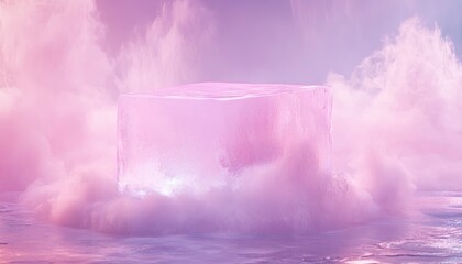 A translucent pink cube floats above a serene body of water, surrounded by soft, fluffy clouds in pastel colors. The scene evokes a dreamlike atmosphere.