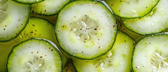 Fresh cucumber slices arranged in a circular pattern. The green skin and light flesh are visible, showcasing the seeds and texture.