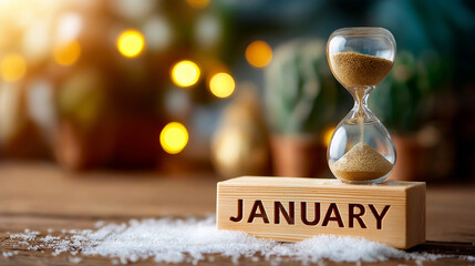 Dry January sign with hourglass in snow, winter sobriety concept, seasonal wellness challenge, alcohol-free lifestyle, mindful drinking visualization, cold weather health commitmen