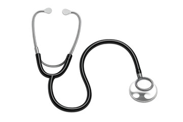 Black stethoscope depicting health diagnosis, medical examination, doctor work, and general hospital tools for care and treatment