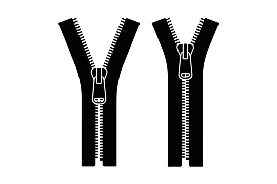 A pair of black zippers with white teeth and pulls on a plain white background