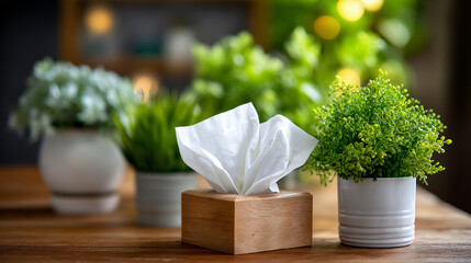 Seasonal allergies relief concept with tissue display, indoor plants arrangement, respiratory wellness visualization, home health management, natural allergen exposure, breathing c