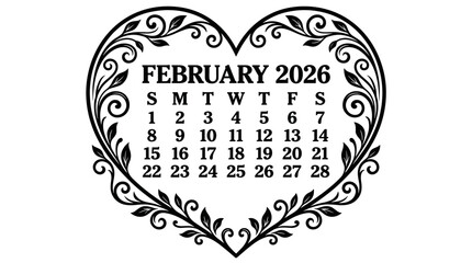 Elegant Ornate Heart Border February 2026 Calendar Vector Design