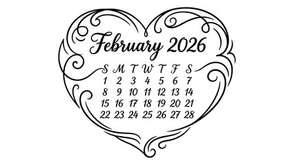Elegant Ornate Heart Border February 2026 Calendar Vector Design