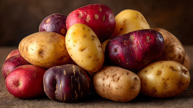 A pile of potatoes with different colors and sizes