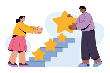 Two people collaborating to place a star on a staircase, symbolizing teamwork and achievement.