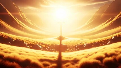 Wooden cross silhouette at sunset in hill field landscape. Symbol of faith, hope, and sacrifice for Christian concept and spiritual journey.