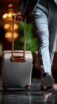 Pernas de um Homem de Negocios Caminhando na Rua Carregando uma Mala de Viagem