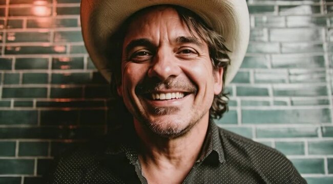 Homem de Chapeu de Cowboy Sorrindo com Expressao de Simpatia e Estilo Country