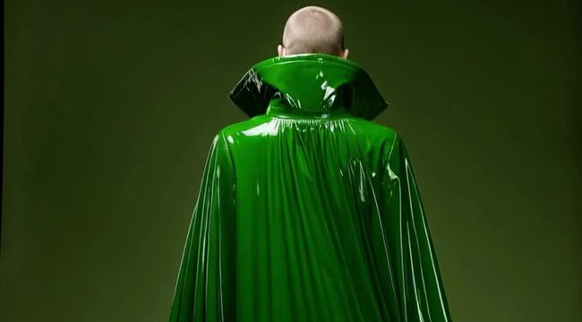 Linda Mulher Vestindo Capa Verde de Tecido Vinilico com Corrente de Prata em Conceito de Moda e Beleza Futurista
