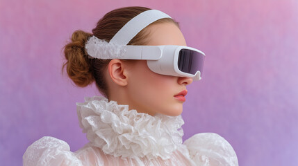 Woman poetcore fashion wears sleek white MR headset. Contrast romantic ruffled lace collars against modern tech wearables.