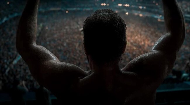 Homem Vibrando em Meio a uma Multidao Expressando Energia, Emocao e Liberdade