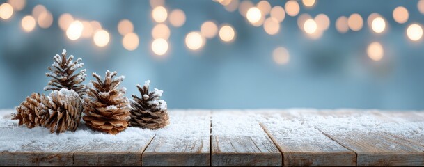 Snow covered pine cones on wooden surface with blurred bokeh background