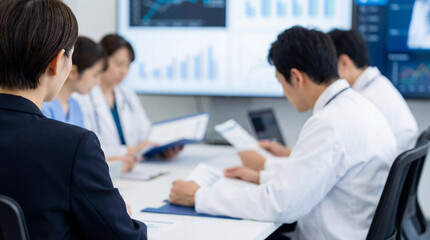 Medical professionals reviewing data in a scientific meeting