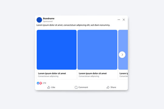 Facebook sponsored post carousel mockup with like, comment, share icon , Social media ad post mock up with carousel layout, multiple sliding image cards. for marketing and promotion