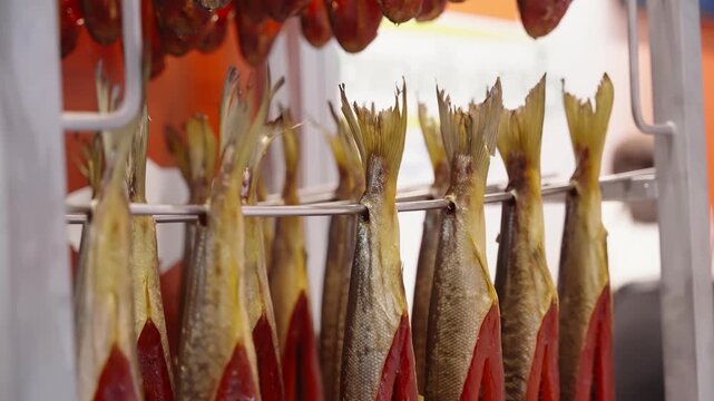 Close-up view of rows of gutted fish hanging by their tails on a metal rack, showcasing traditional smoking and drying techniques with vivid red flesh and textured scales.