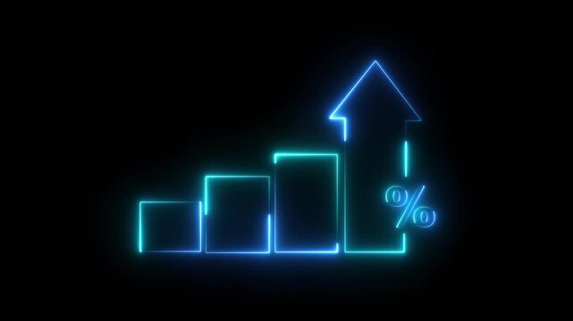 Profit high growth percent icon, stocks, financial, Interest rate and dividend concept. Glowing neon line animated graph and chart with percentage icon on a black background. 4k