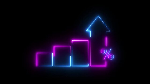 Profit high growth percent icon, stocks, financial, Interest rate and dividend concept. Glowing neon line animated graph and chart with percentage icon on a black background. 4k
