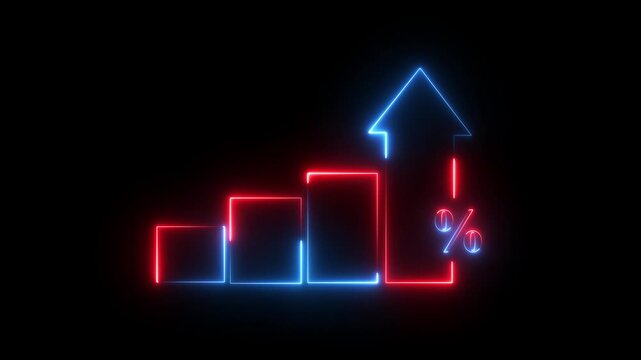 Profit high growth percent icon, stocks, financial, Interest rate and dividend concept. Glowing neon line animated graph and chart with percentage icon on a black background. 4k