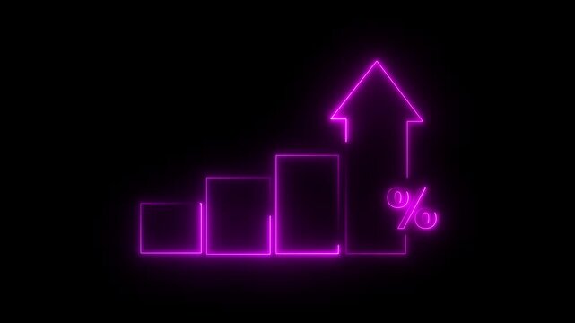Profit high growth percent icon, stocks, financial, Interest rate and dividend concept. Glowing neon line animated graph and chart with percentage icon on a black background. 4k