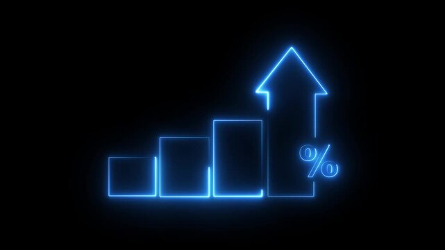 Profit high growth percent icon, stocks, financial, Interest rate and dividend concept. Glowing neon line animated graph and chart with percentage icon on a black background. 4k