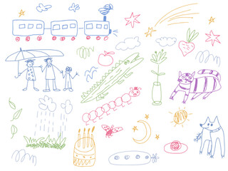 Kids doodle drawings set. Hand-drawn pencil sketches, scribbles. Hand drawn vector illustration.