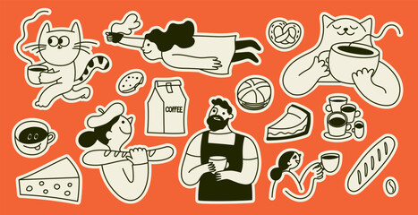 Vector doodle sketchy hand-drawn illustrations and icons, specialty coffee shop and bakery badge and stickers, logo templates and design elements
