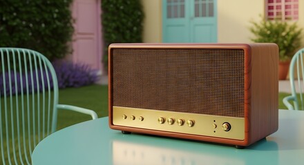 Vintage wooden radio speaker with gold control panel sitting on a teal metal table in a colorful pastel garden patio setting, concept of retro music and nostalgic summer relaxation