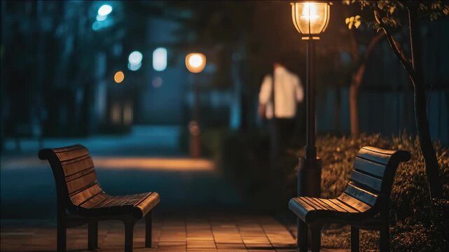 An empty park bench at night with street lights.