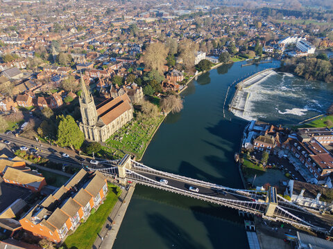 Sunny aerial capture of Marlow by the River Thames in Buckinghamshire