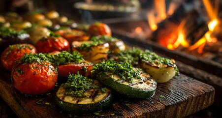 Close Up of Fresh Vegetables and Tomatoes Grilling on a Rustic Wood Plank over a Bright Roaring Fire