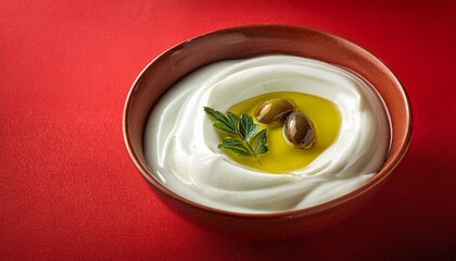 Yogurt Meze With Olive Oil On Red Background