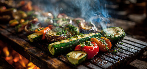 Mixed Vegetable Skewers and Zucchini Grilling on a Barbecue with Rising Smoke and Glowing Embers