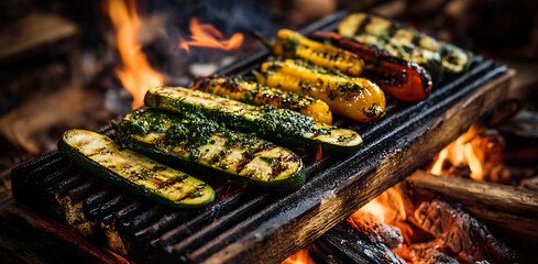 Slices of Zucchini and Yellow Squash Grilling on a Rustic Wooden Grate over Hot Coals and Open Flames