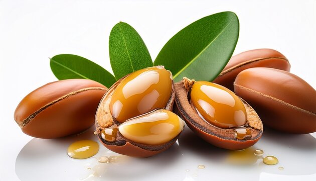Argan Nuts With Green Leaves On An Isolated White Background Chopped Argan Nut With A Drop Of Oil Whole And Half Moroccan Argania Spinosa Seeds For The Production Of Oil