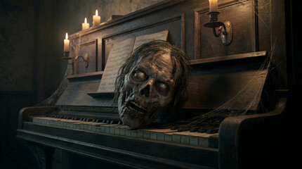 zombie head laying on the piano on in low light with candles lighten up on sides