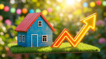 cute blue house with red roof on the blurry background with red stock go up sign in the garden on the grass, cute simple image for real estate