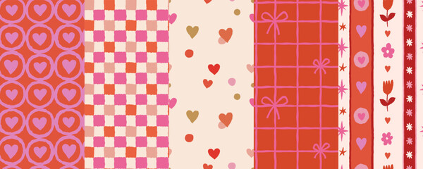 Vector set of seamless patterns, abstract hand-drawn quirky doodles, Valentine's day decorative wrapping paper and textile backgrounds with hearts and stripes