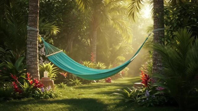 A tropical oasis with a turquoise hammock strung between two trees, surrounded by lush foliage and soft sunlight